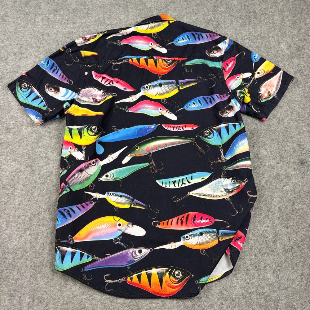 Neff Button Up Shirt Mens Medium Fishing Lure Print Short Sleeve Outdoors AOP - Picture 8 of 9